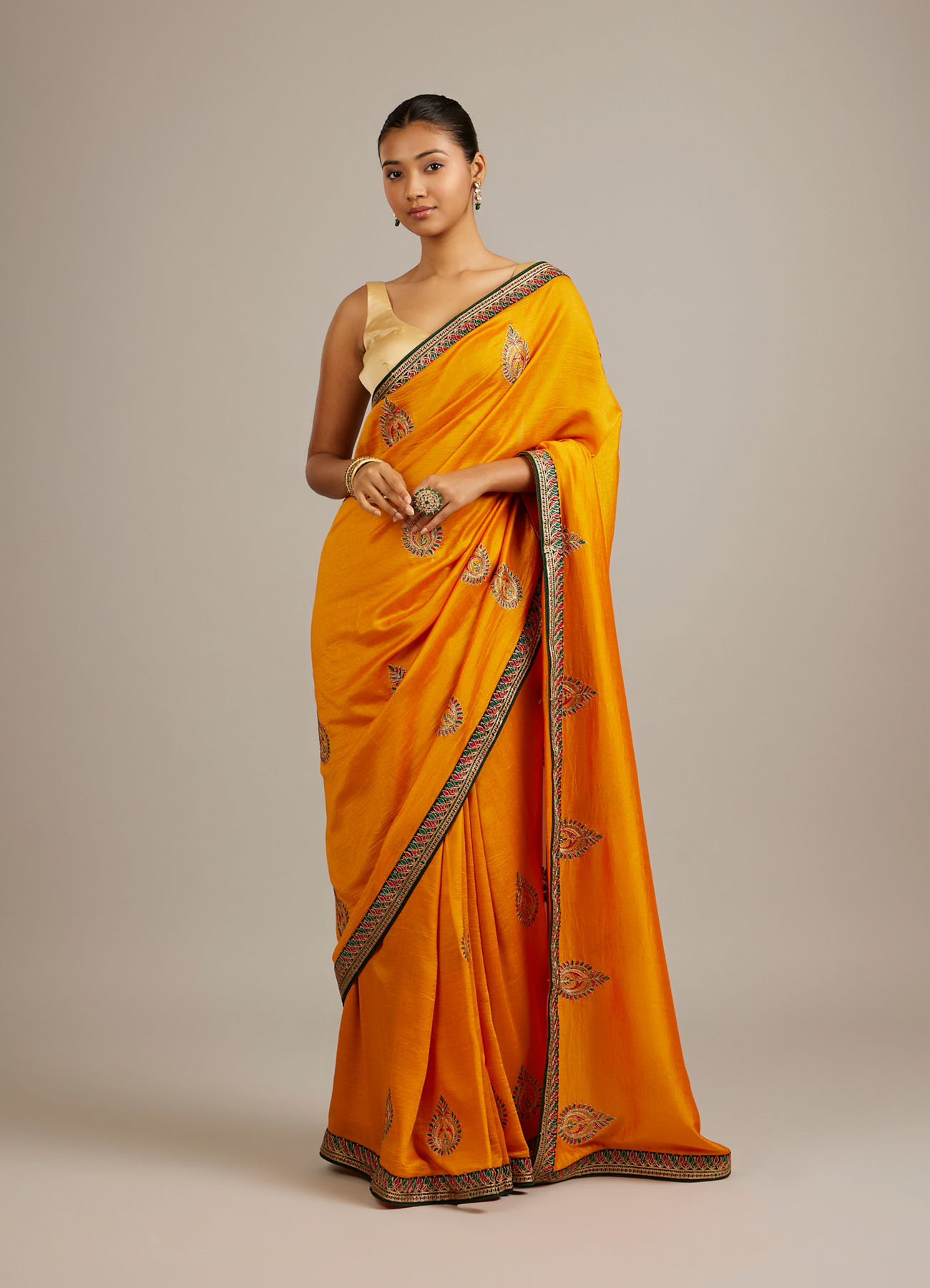 Mohey Women Mustard Yellow Buta Embroidered Saree with Intricate Borders And Rhinestone Work