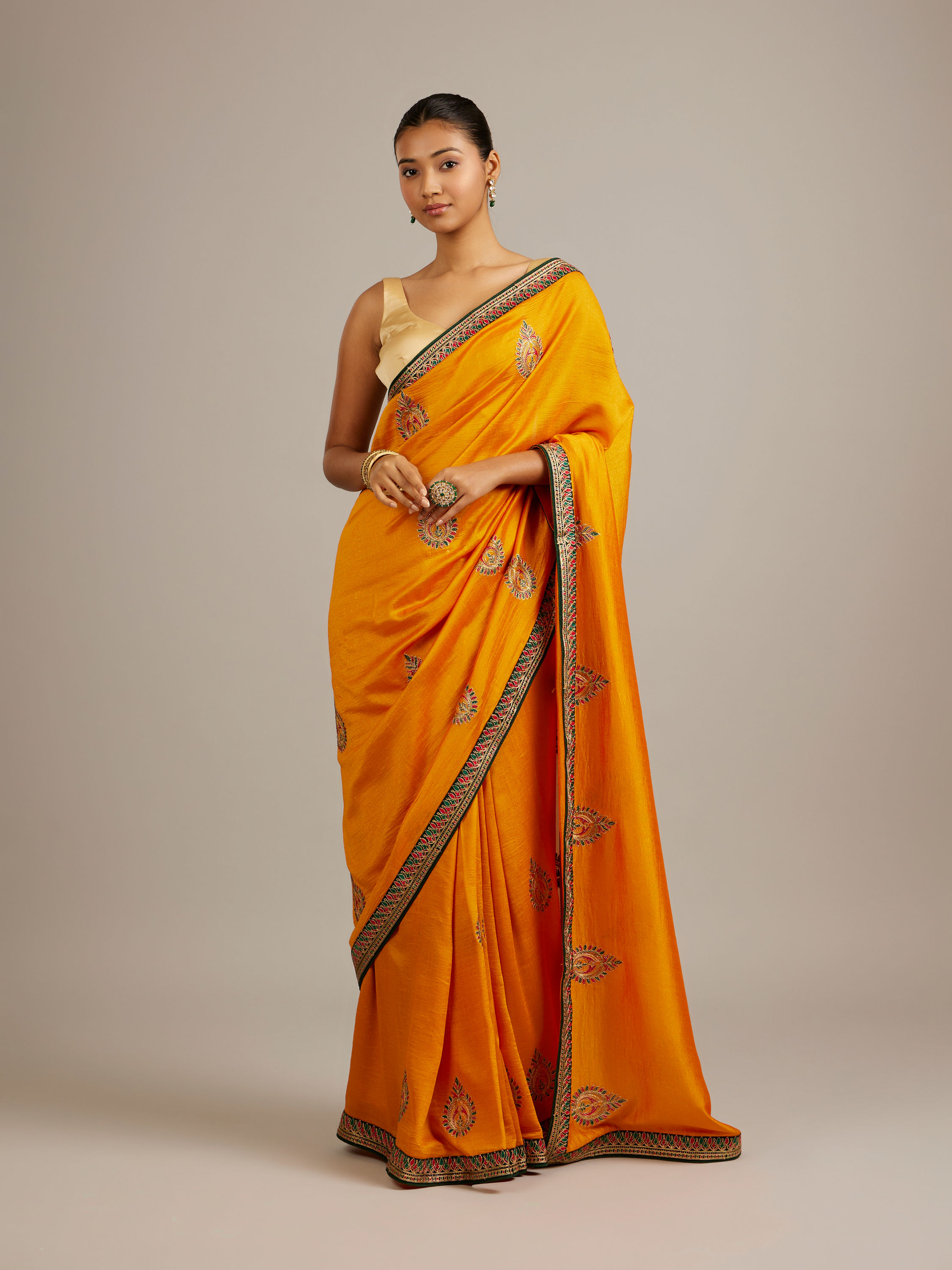 Mohey Women Mustard Yellow Buta Embroidered Saree with Intricate Borders And Rhinestone Work