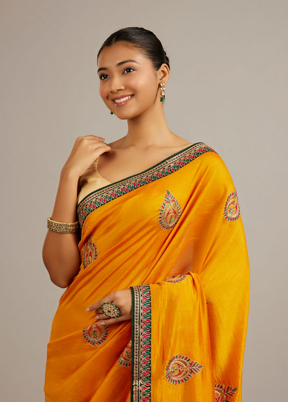 Mohey Women Mustard Yellow Buta Embroidered Saree with Intricate Borders And Rhinestone Work