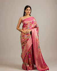 Mohey Women Rani Pink Grid Patterned Saree with Peacock Motifs