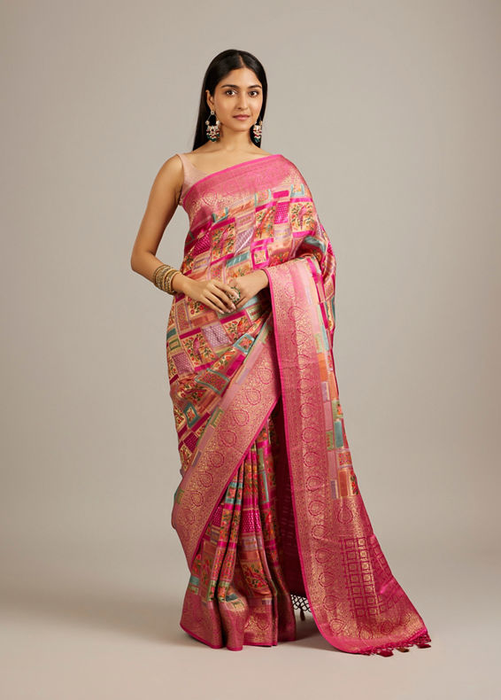Mohey Women Rani Pink Grid Patterned Saree with Peacock Motifs