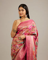 Mohey Women Rani Pink Grid Patterned Saree with Peacock Motifs