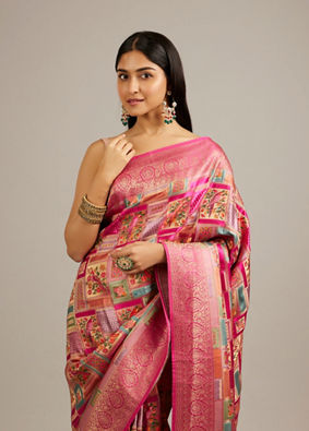 Mohey Women Rani Pink Grid Patterned Saree with Peacock Motifs