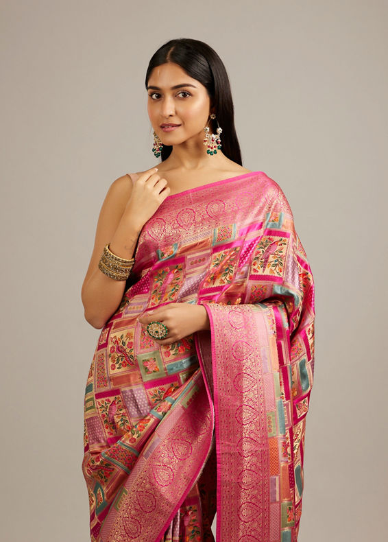Mohey Women Rani Pink Grid Patterned Saree with Peacock Motifs