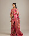 Mohey Women Rani Pink Grid Patterned Saree with Peacock Motifs