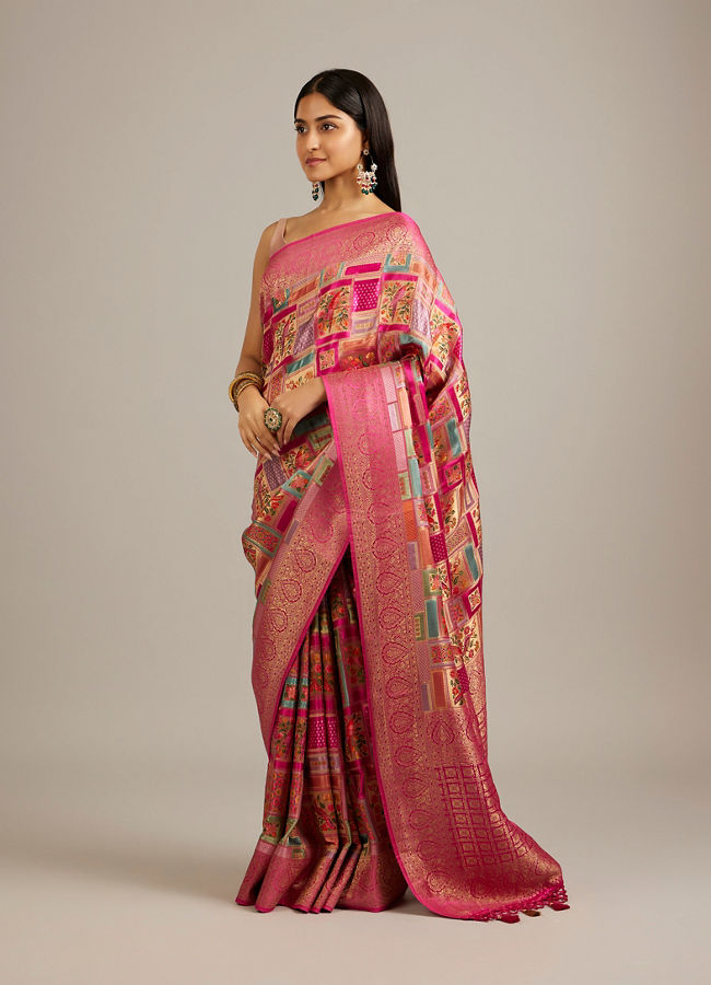 Mohey Women Rani Pink Grid Patterned Saree with Peacock Motifs