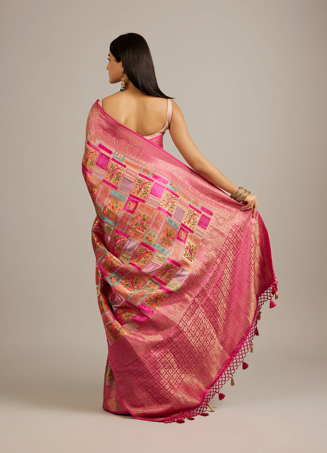 Mohey Women Rani Pink Grid Patterned Saree with Peacock Motifs