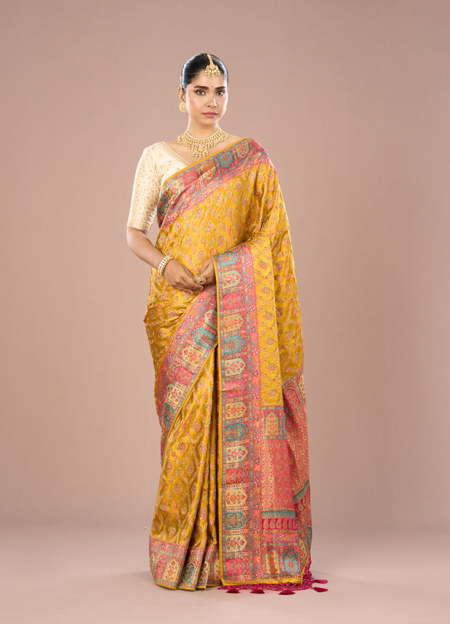 Mohey Women Mustard Yellow Satin Saree