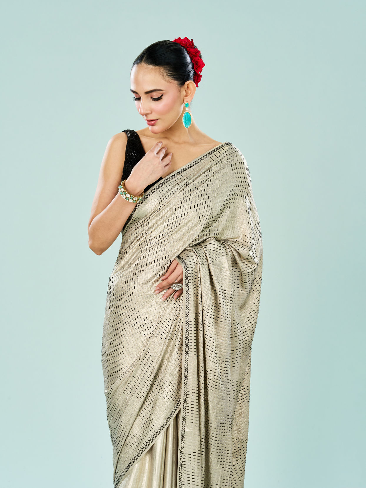 Mohey Women Cream Satin Cocktail Saree