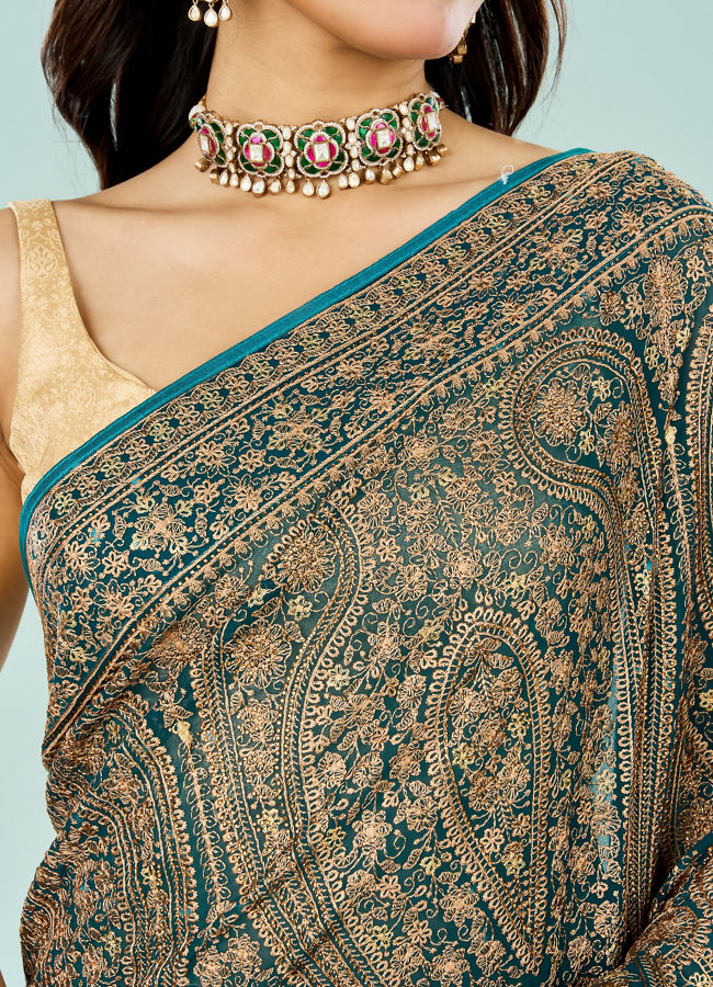 Mohey Women Elegant Rama Green Georgette Saree