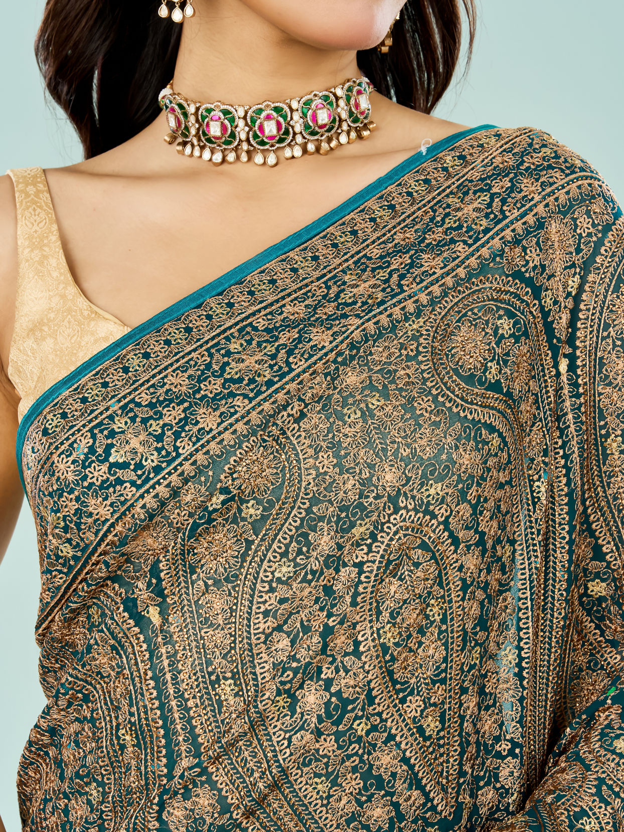Mohey Women Elegant Rama Green Georgette Saree