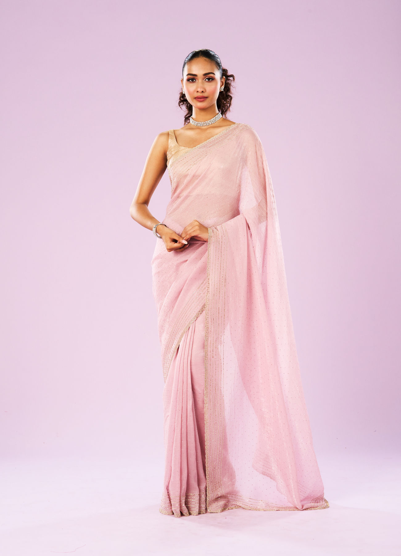 Mohey Women Elegant Pink Organza Saree