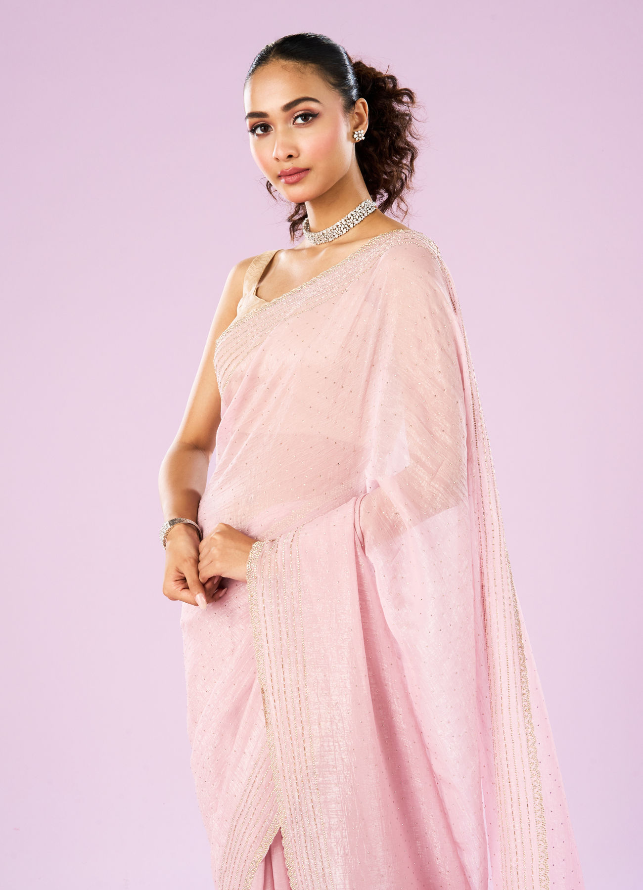 Mohey Women Elegant Pink Organza Saree