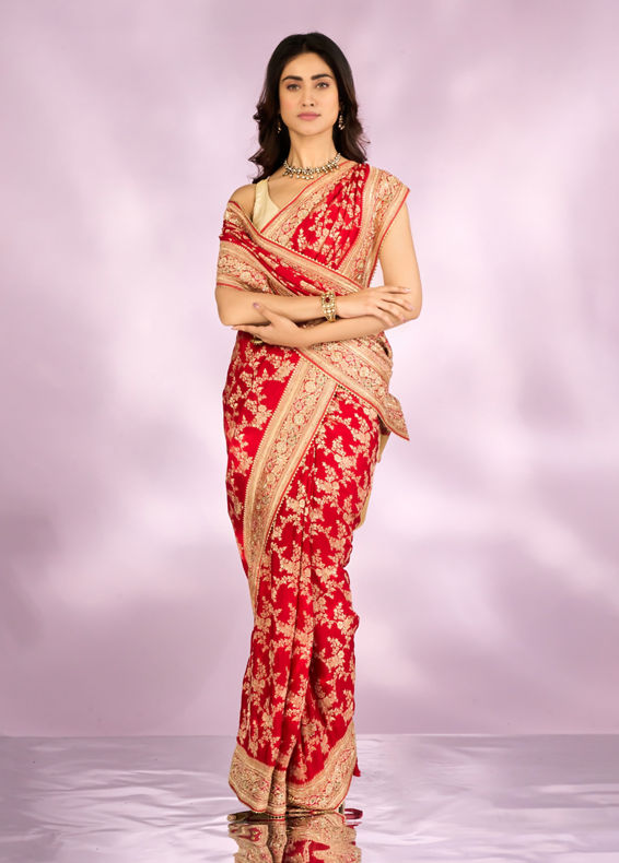 Mohey Women Radiant Red Blossom Bridal Saree