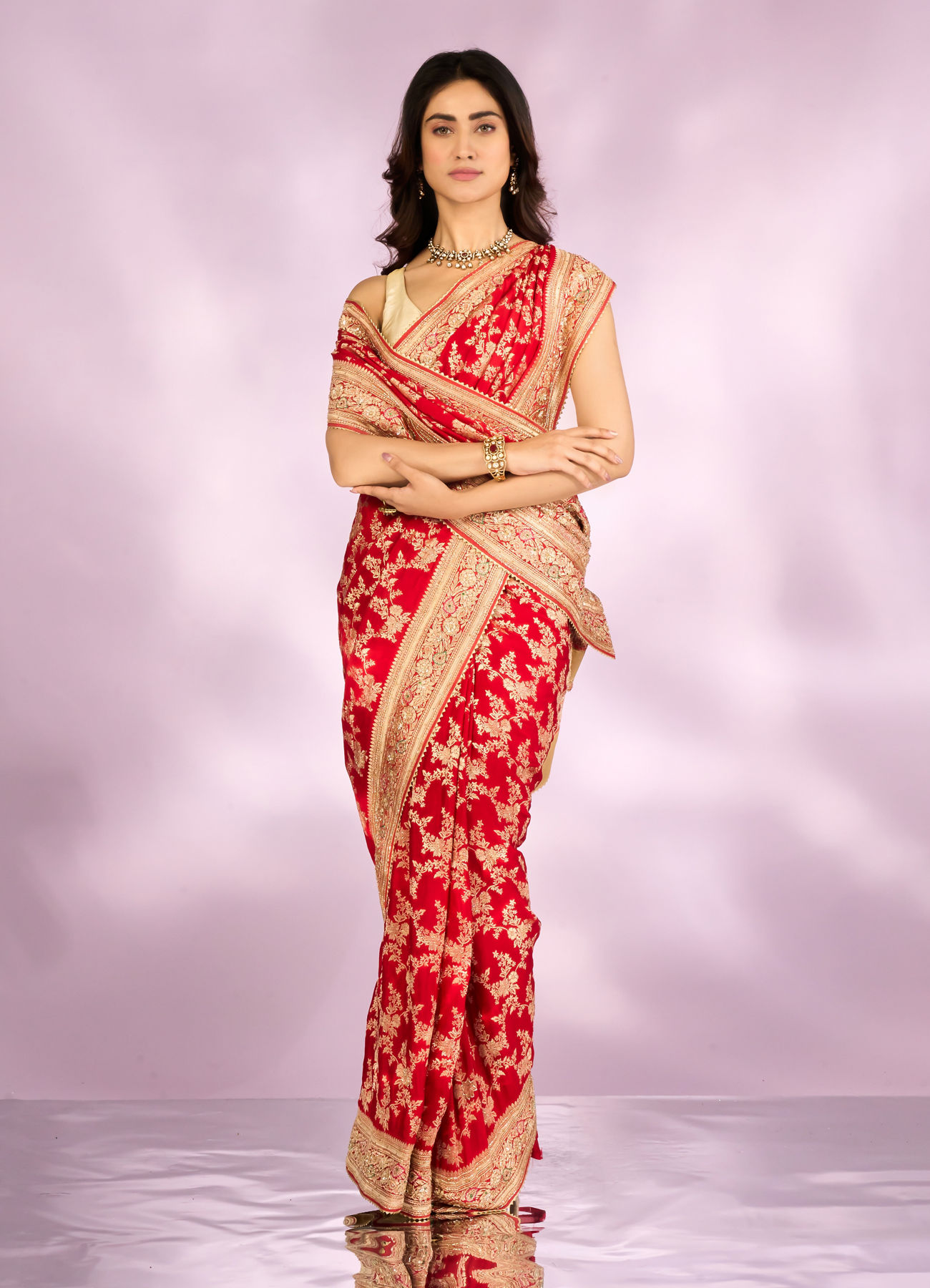 Mohey Women Radiant Red Blossom Bridal Saree
