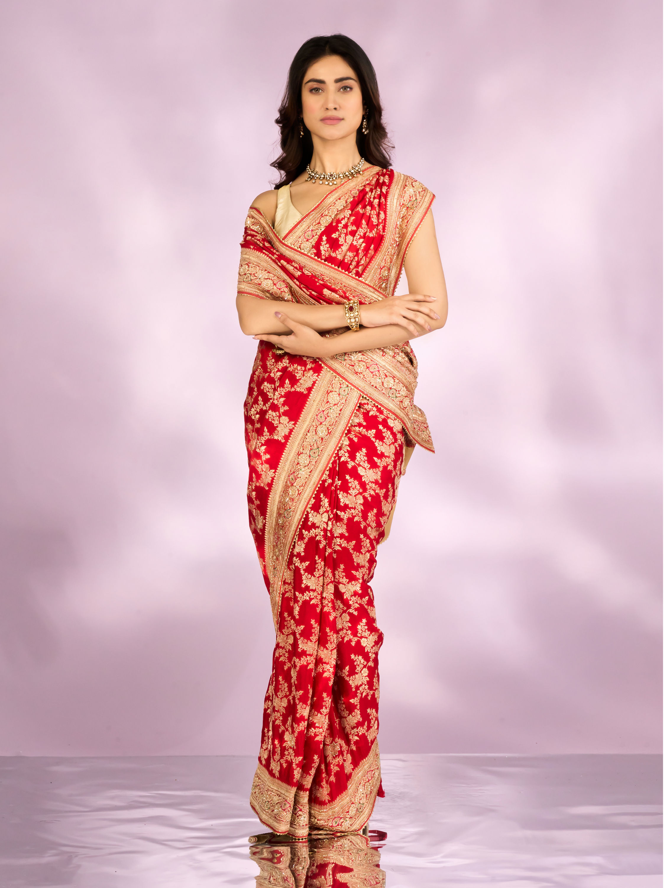 Mohey Women Radiant Red Blossom Bridal Saree