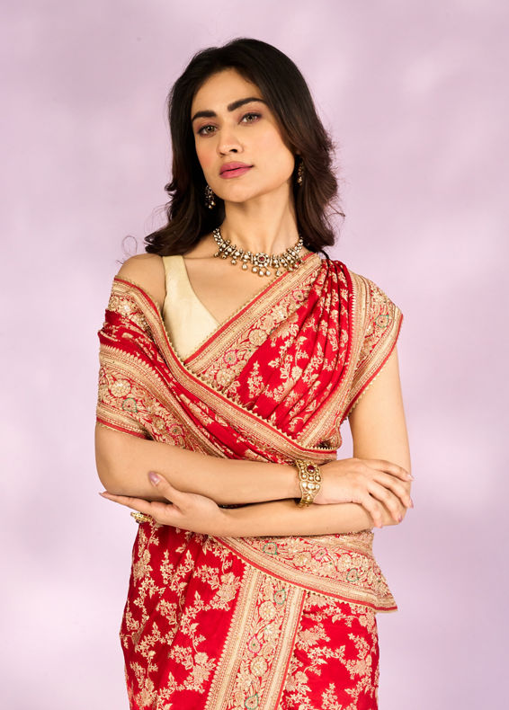 Mohey Women Radiant Red Blossom Bridal Saree