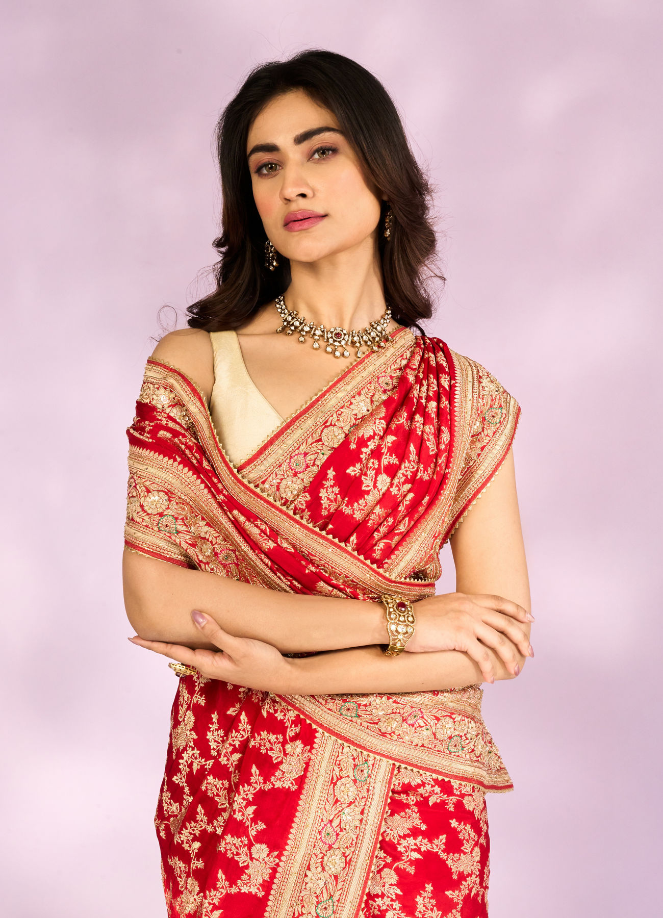 Mohey Women Radiant Red Blossom Bridal Saree