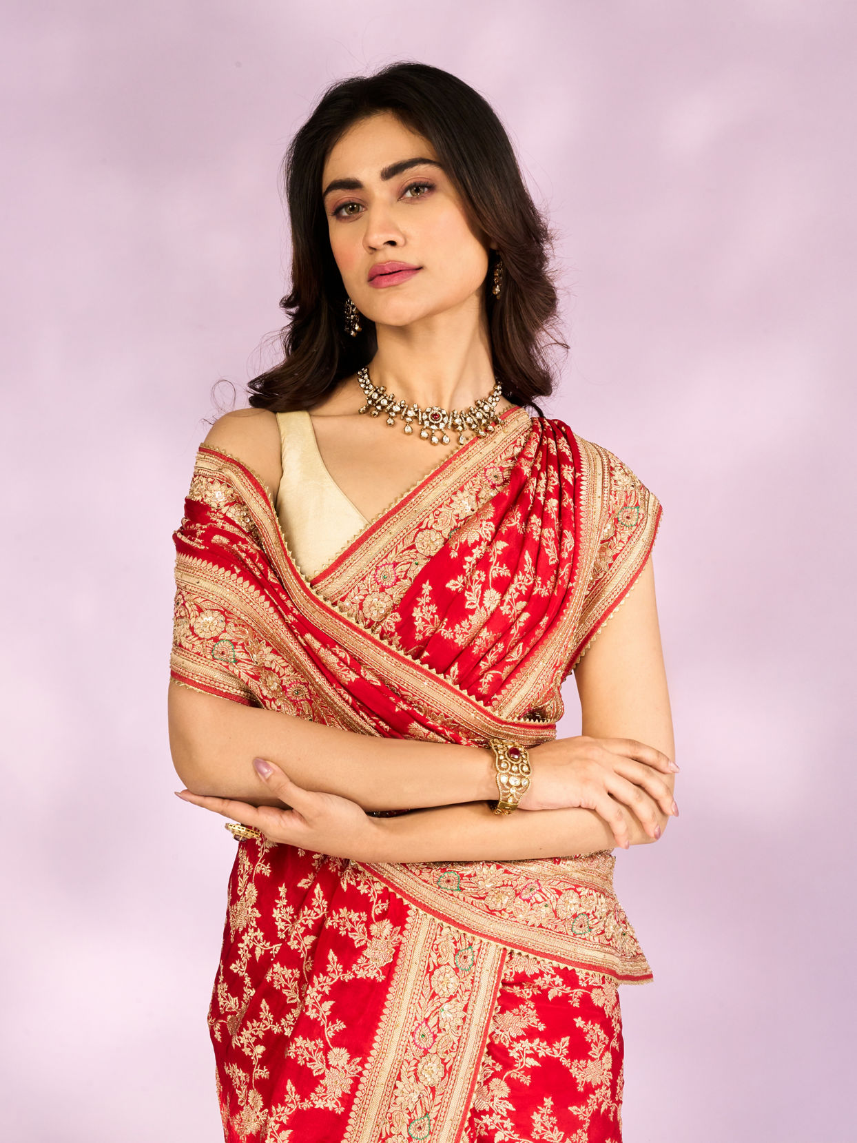 Mohey Women Radiant Red Blossom Bridal Saree