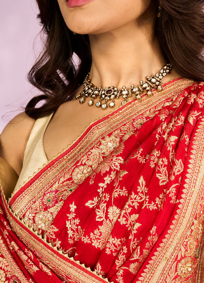 Mohey Women Radiant Red Blossom Bridal Saree
