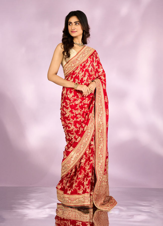 Mohey Women Radiant Red Blossom Bridal Saree