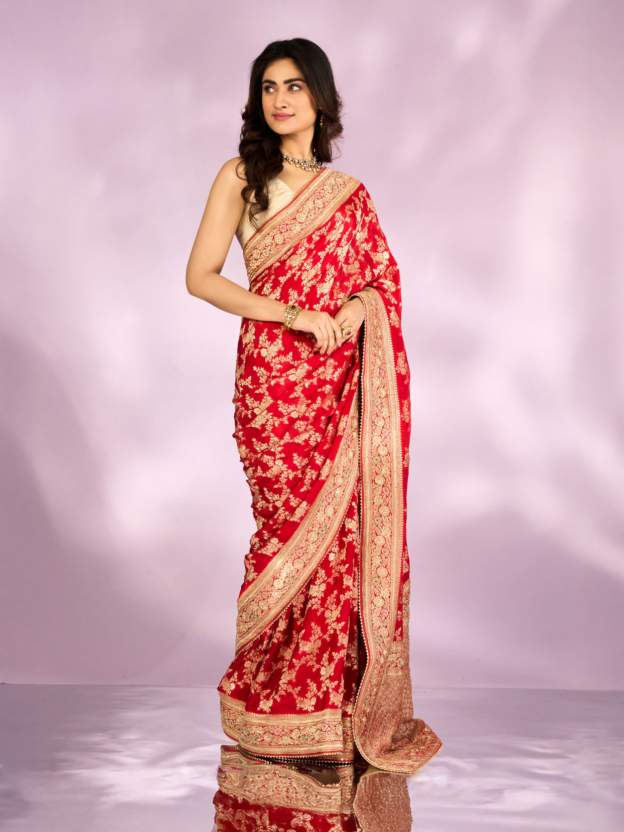 Mohey Women Radiant Red Blossom Bridal Saree