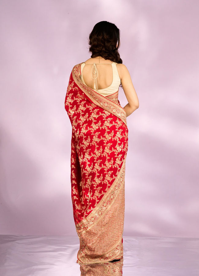 Mohey Women Radiant Red Blossom Bridal Saree