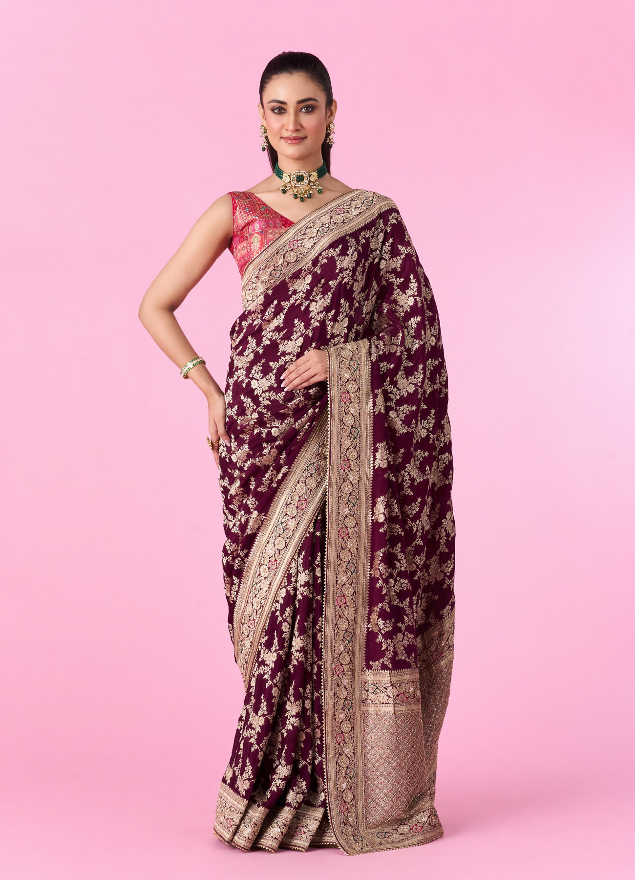 Mohey Women Enchanting Wine Silk Bridal Saree