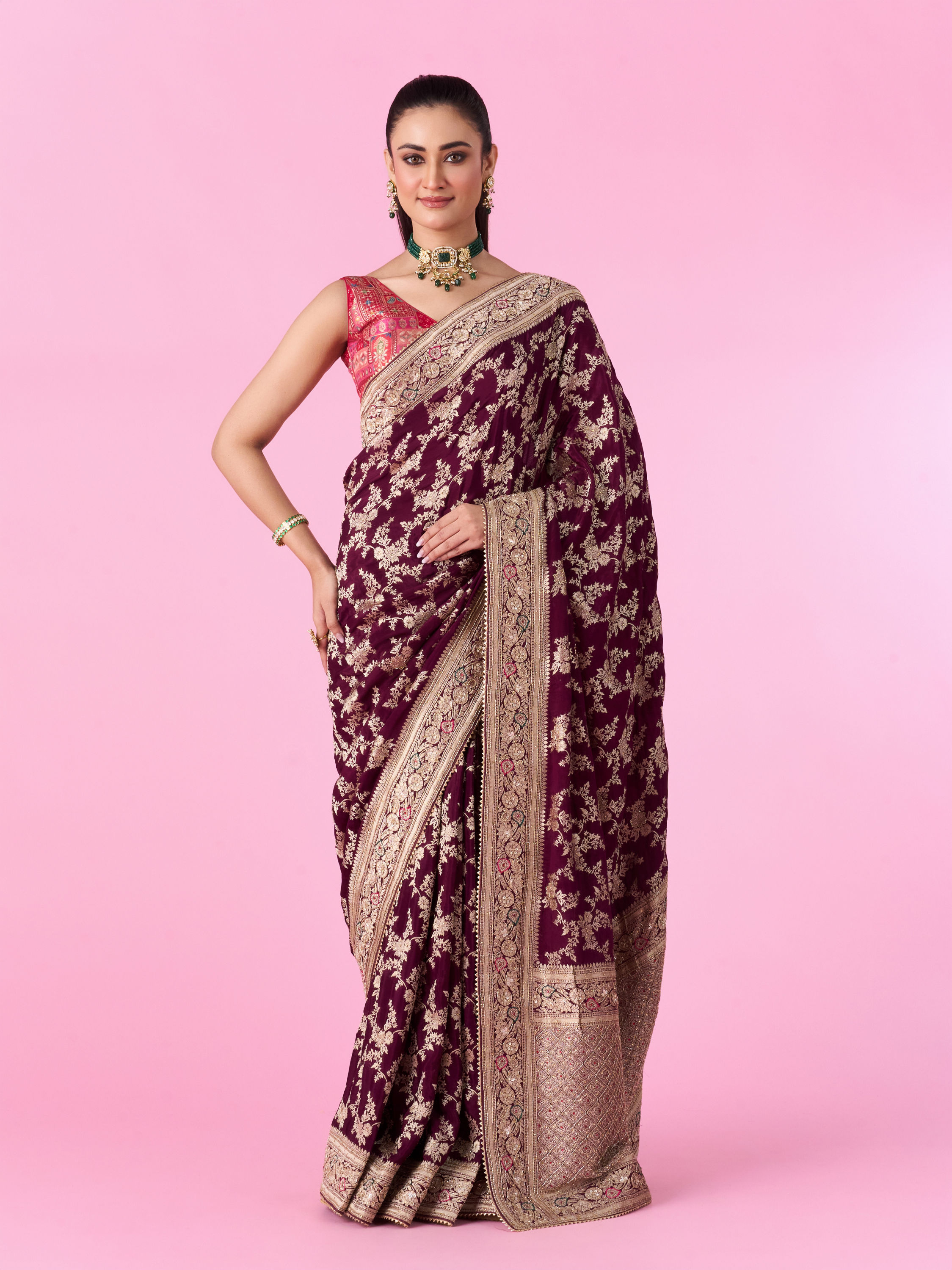 Mohey Women Enchanting Wine Silk Bridal Saree
