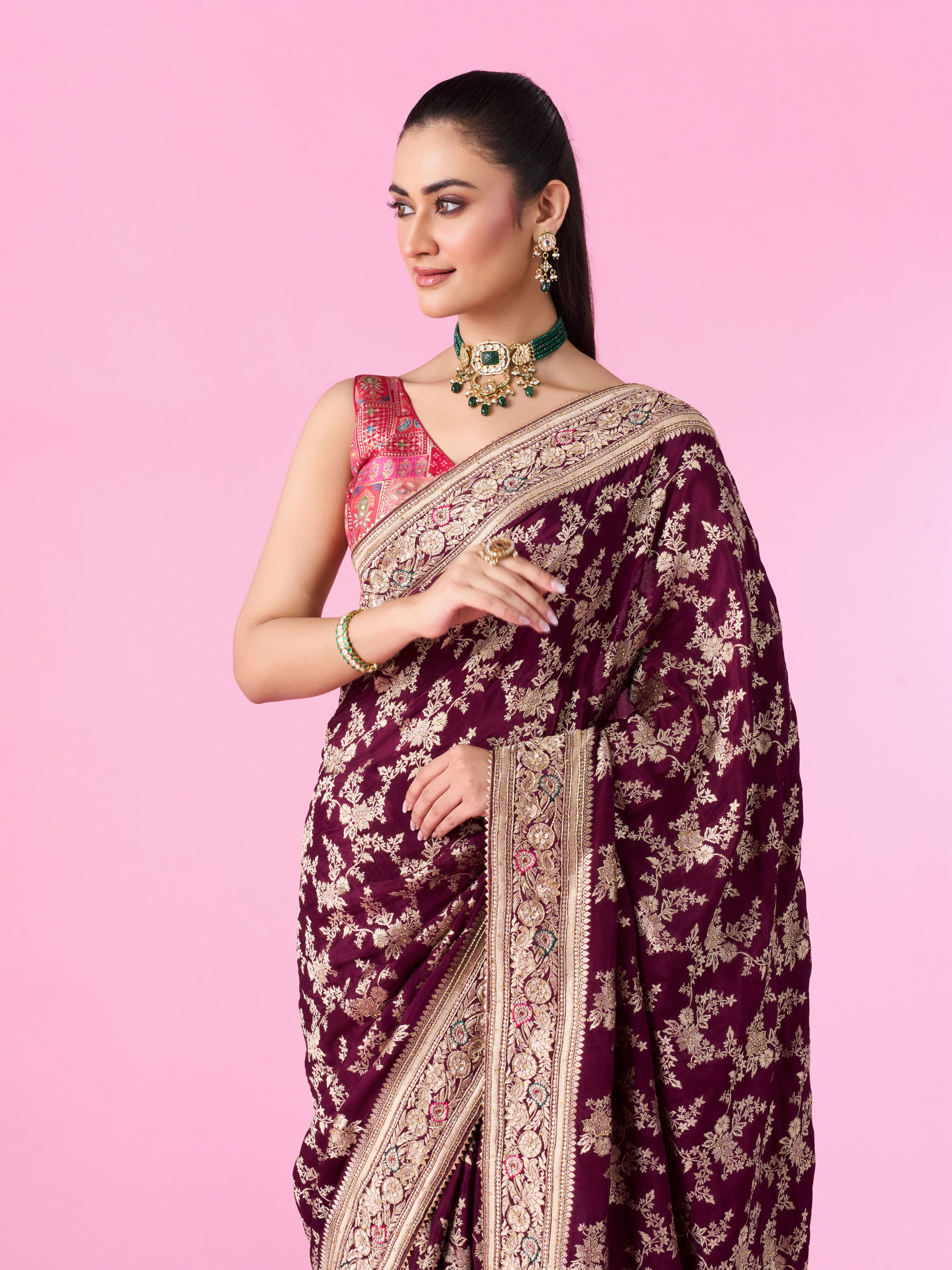 Mohey Women Enchanting Wine Silk Bridal Saree
