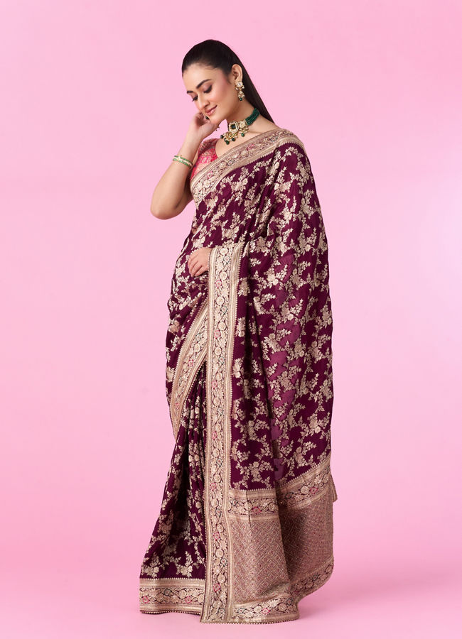 Mohey Women Enchanting Wine Silk Bridal Saree