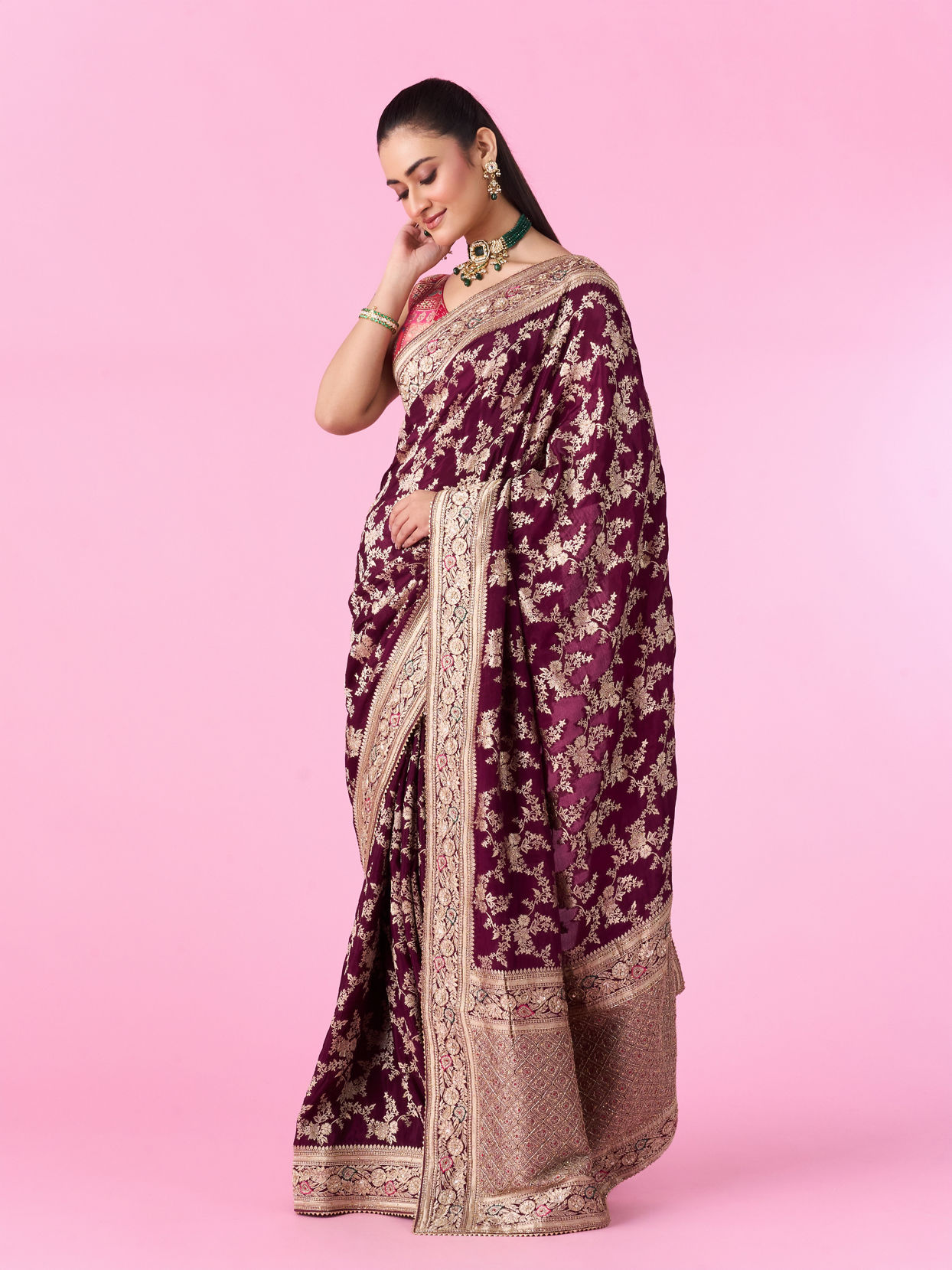 Mohey Women Enchanting Wine Silk Bridal Saree