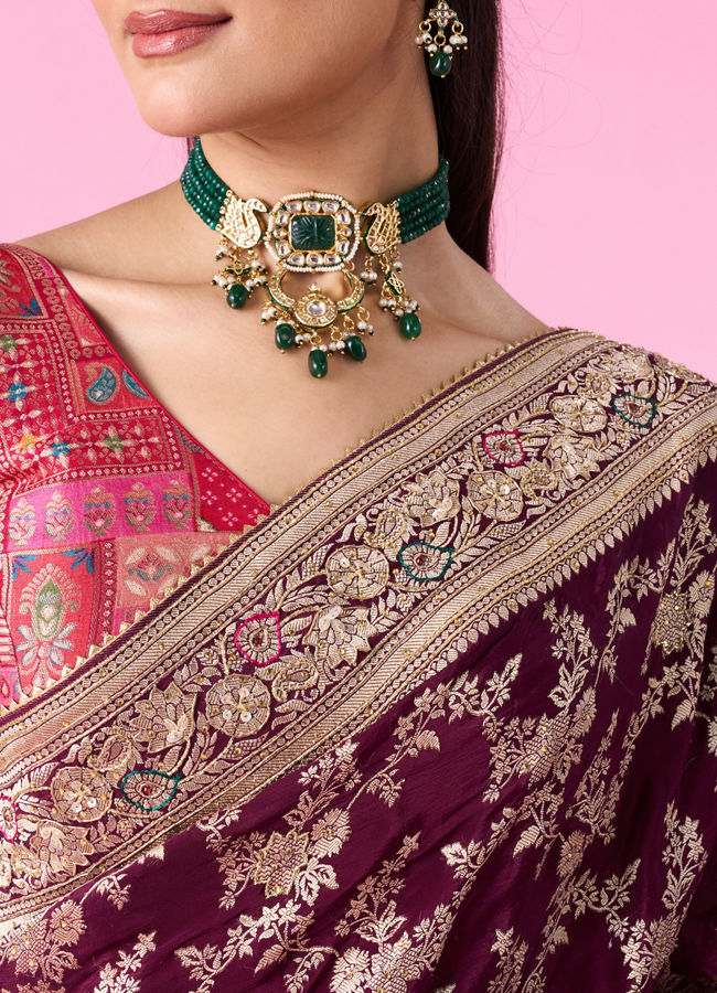 Mohey Women Enchanting Wine Silk Bridal Saree