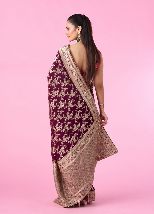 Mohey Women Enchanting Wine Silk Bridal Saree