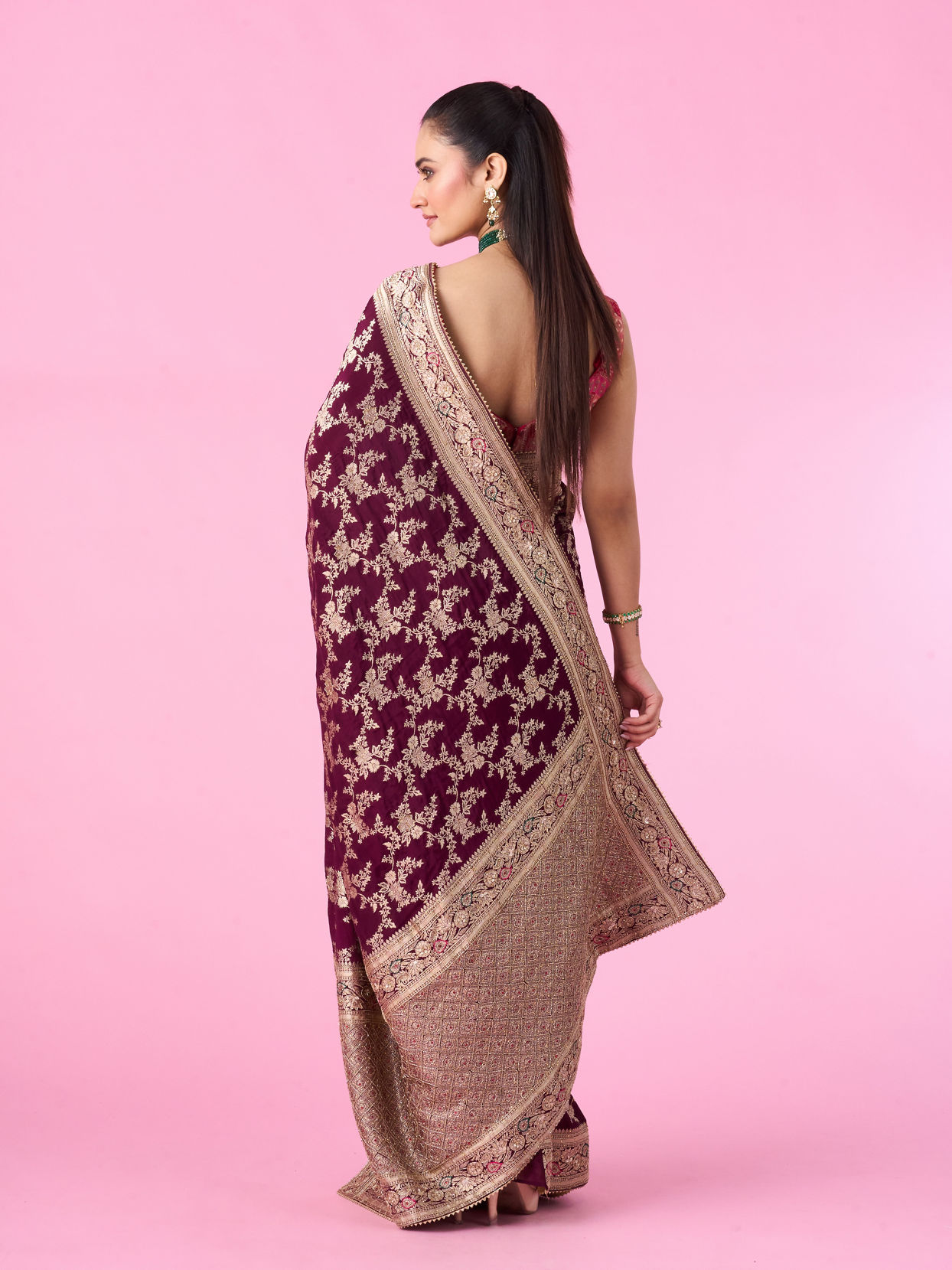 Mohey Women Enchanting Wine Silk Bridal Saree