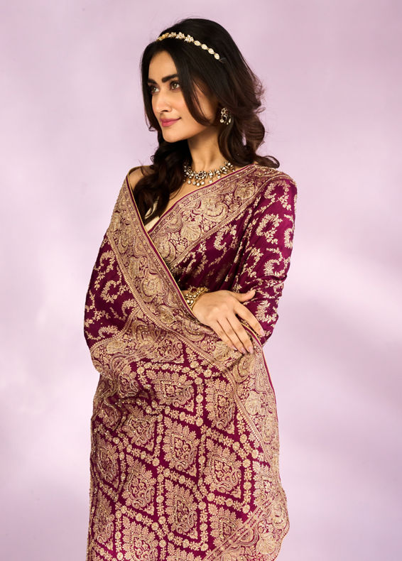 Mohey Women Wine Elegance Bridal Saree