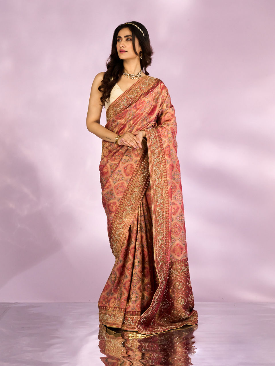 Mohey Women Pink Tissue Splendour Bridal Saree