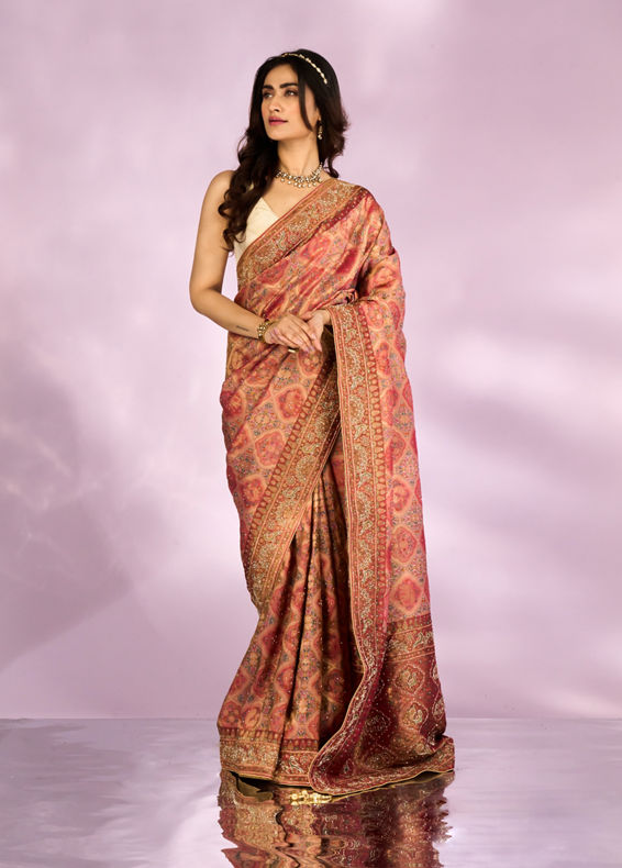 Mohey Women Pink Tissue Splendour Bridal Saree