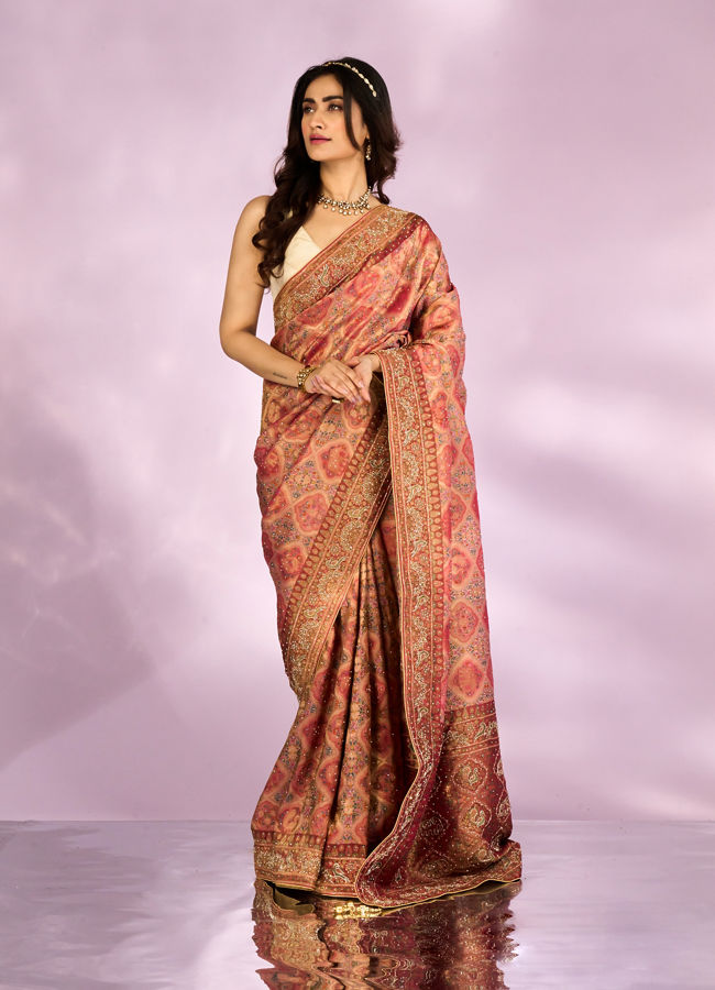 Mohey Women Pink Tissue Splendour Bridal Saree
