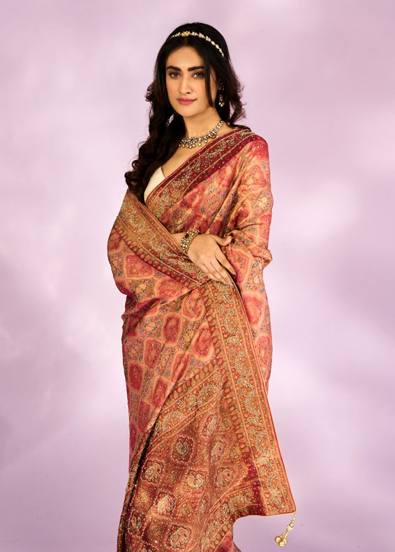 Mohey Women Pink Tissue Splendour Bridal Saree