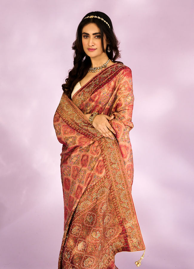 Mohey Women Pink Tissue Splendour Bridal Saree