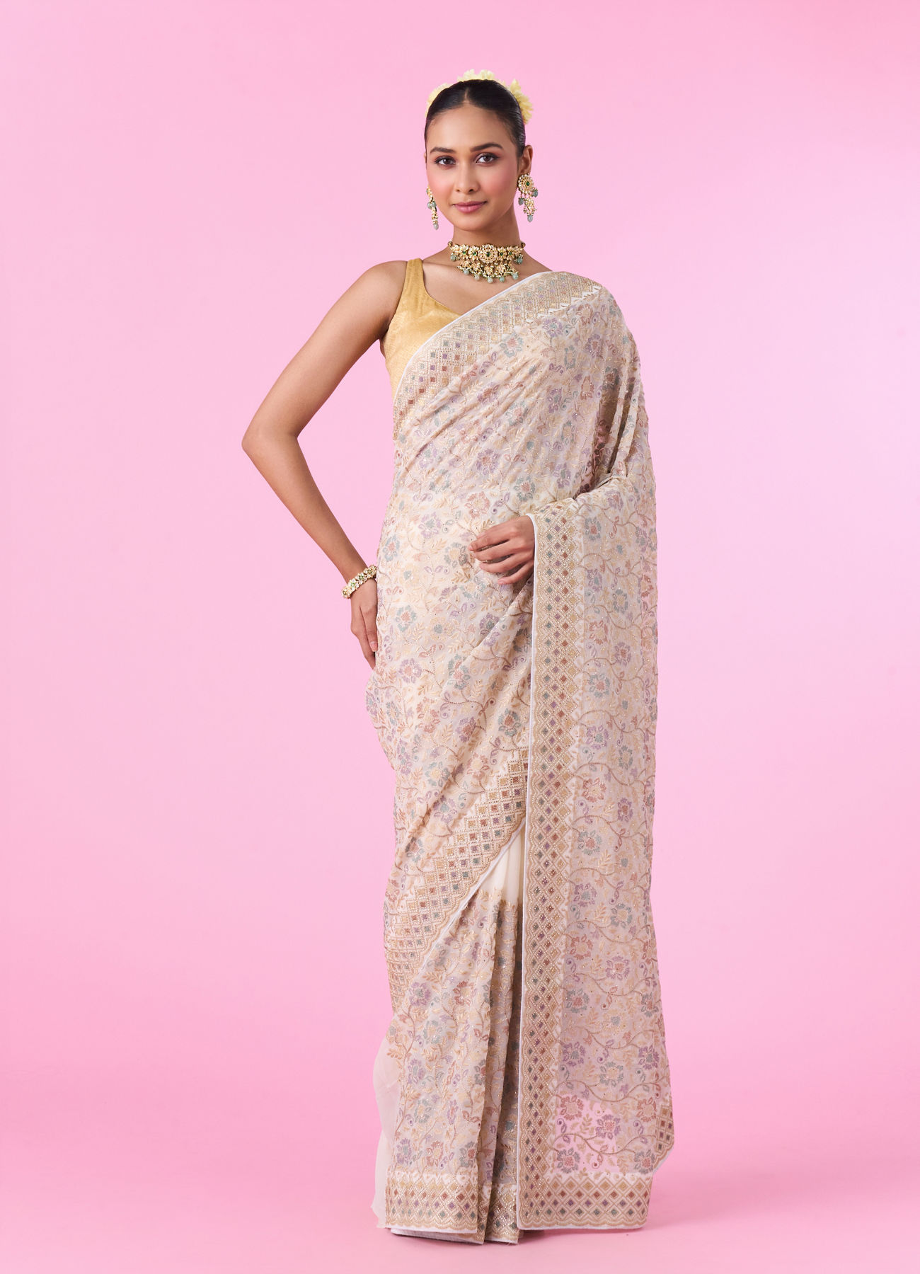 Mohey Women Elegant Cream Georgette Saree