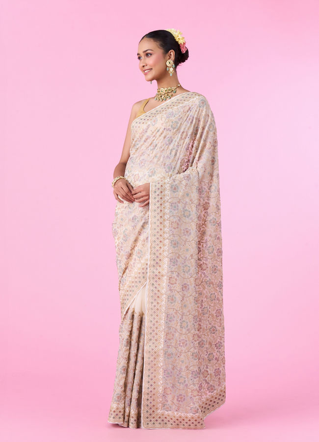 Mohey Women Elegant Cream Georgette Saree