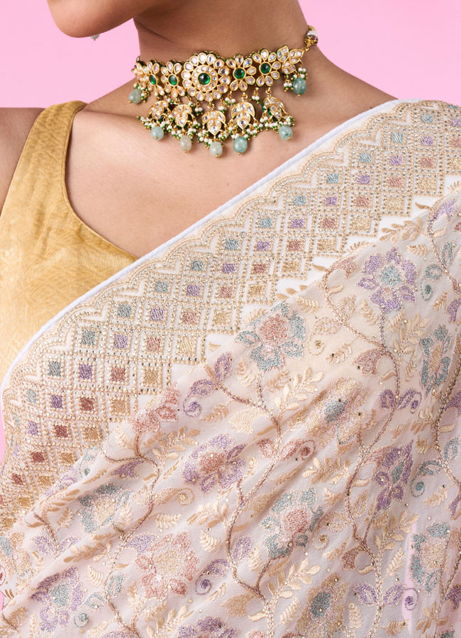 Mohey Women Elegant Cream Georgette Saree