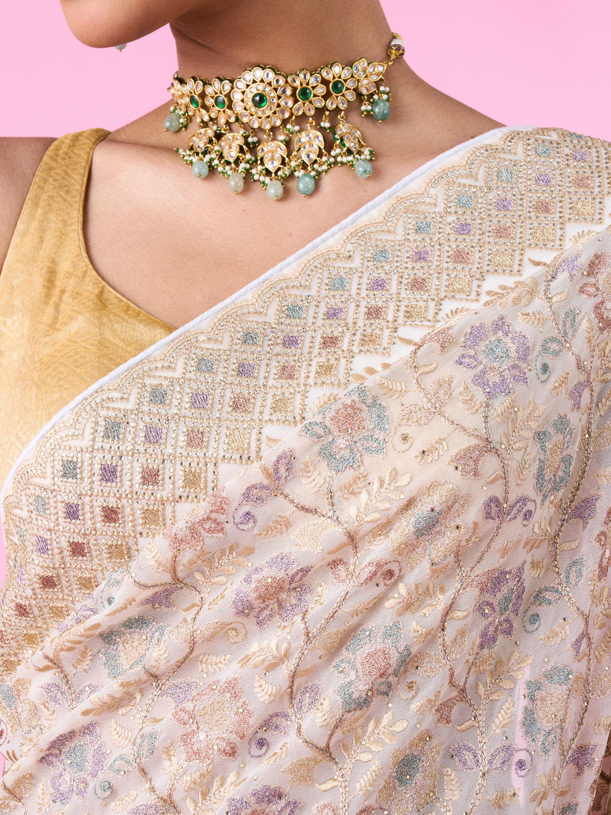 Mohey Women Elegant Cream Georgette Saree