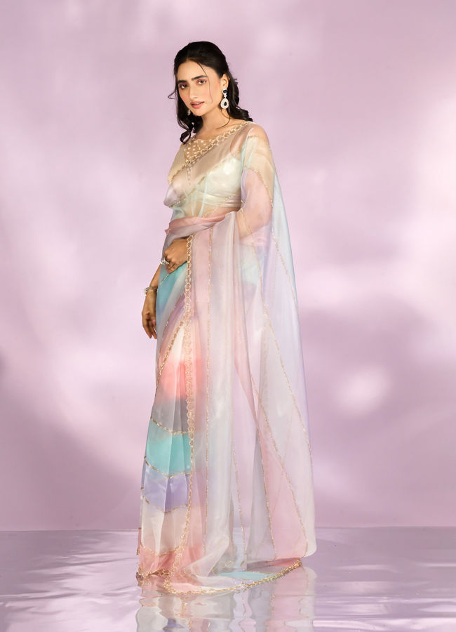 Mohey Women Elegant Pink and light blue Organza Saree