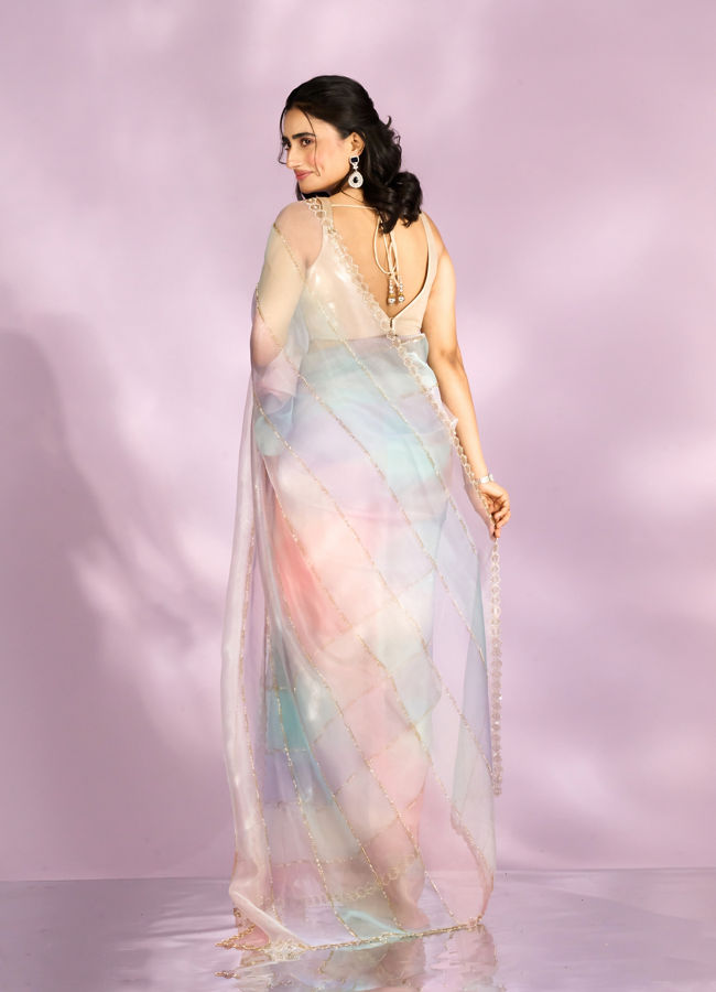 Mohey Women Elegant Pink and light blue Organza Saree