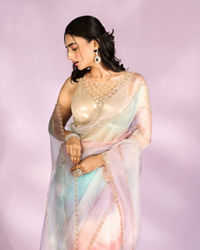 Mohey Women Elegant Pink and light blue Organza Saree