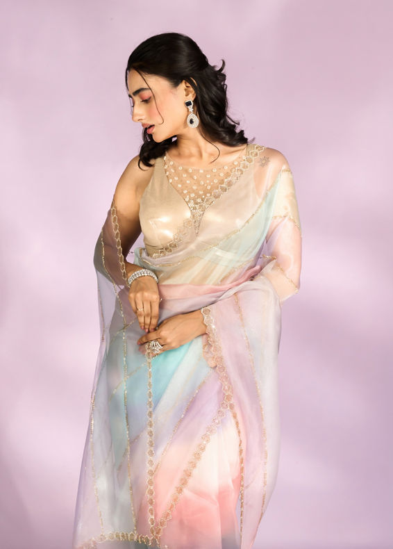 Mohey Women Elegant Pink and light blue Organza Saree