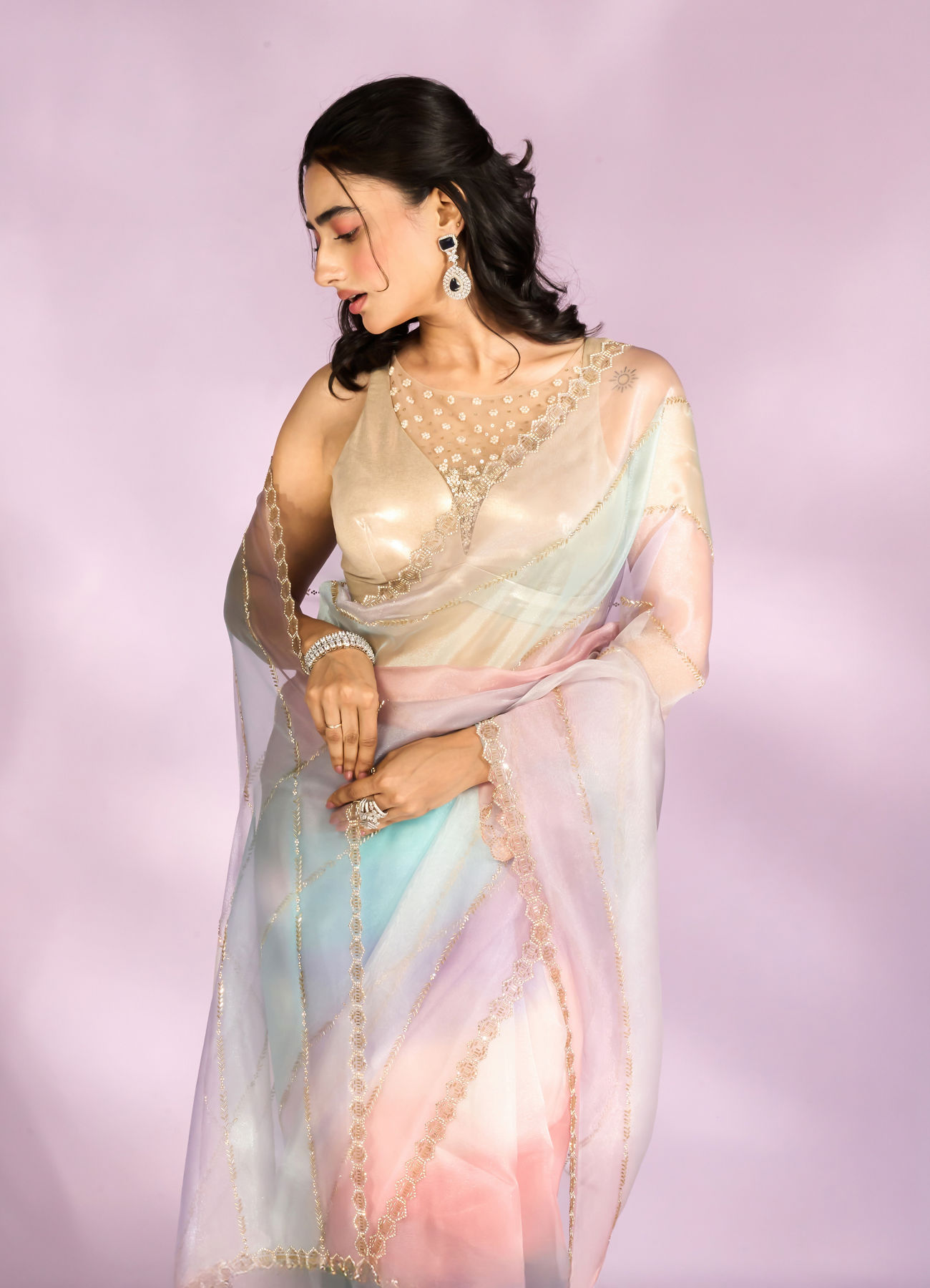 Mohey Women Elegant Pink and light blue Organza Saree
